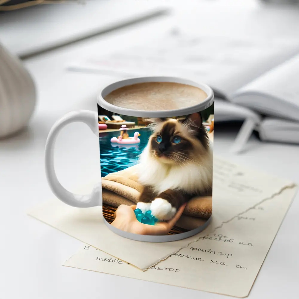 Birman Cat Relaxing By Tropical Pool – Mugs