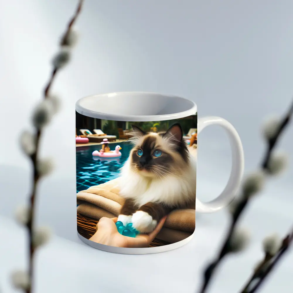 Birman Cat Relaxing By Tropical Pool – Mugs