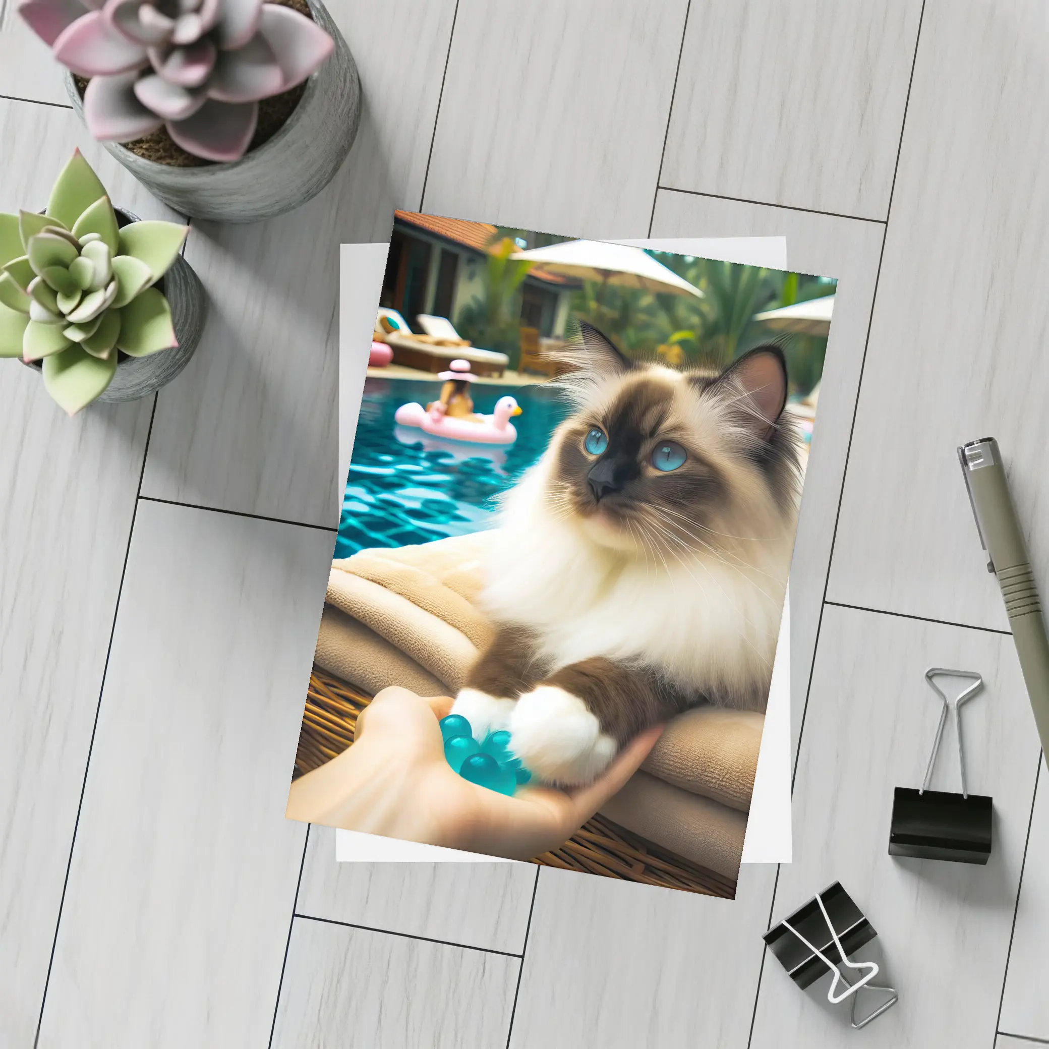 Birman Cat Relaxing By Tropical Pool – Postcards