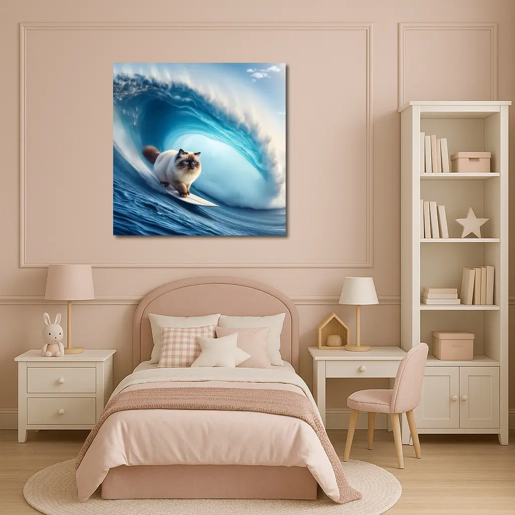 Birman Cat Surfing Giant Ocean Wave – Wall Art