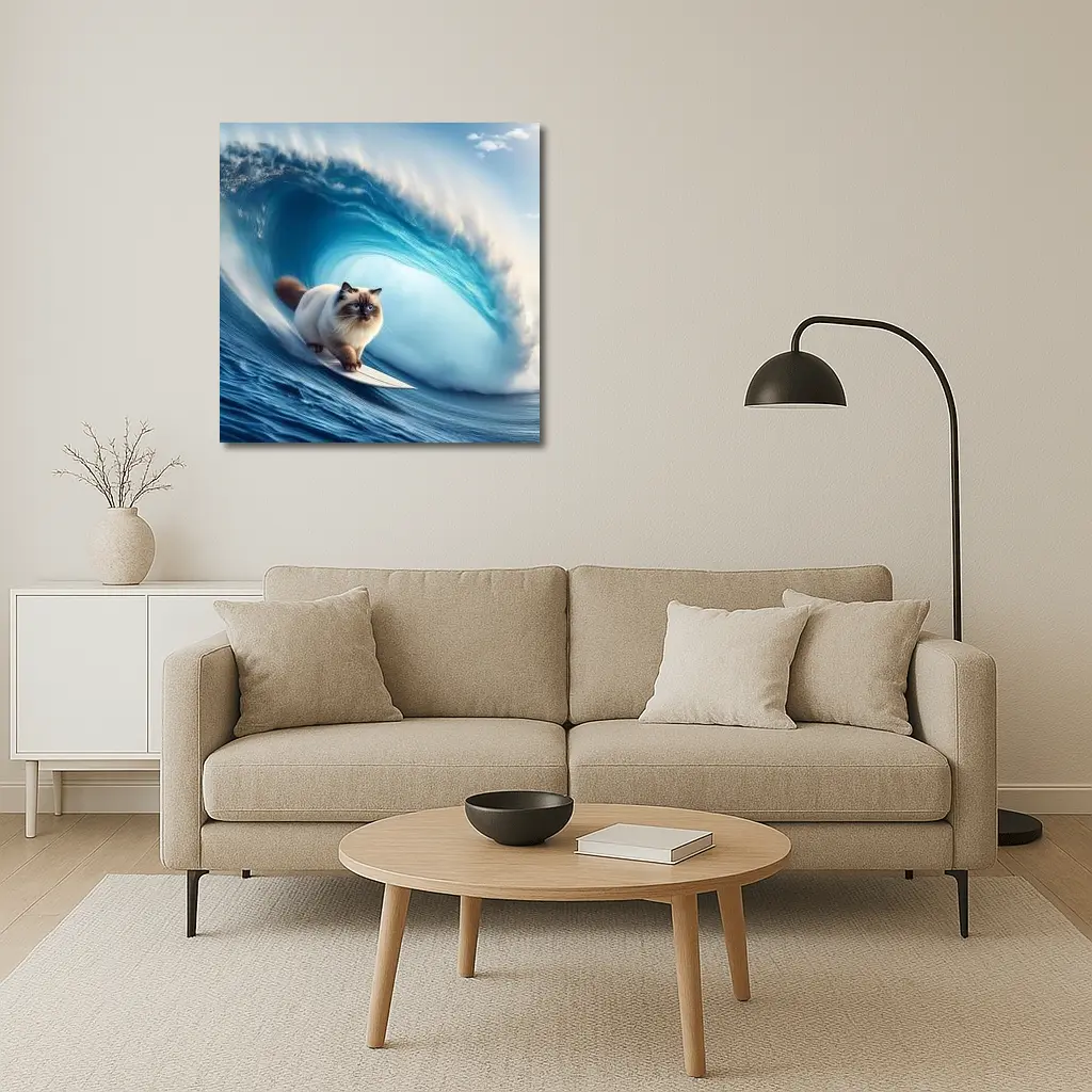 Birman Cat Surfing Giant Ocean Wave – Wall Art