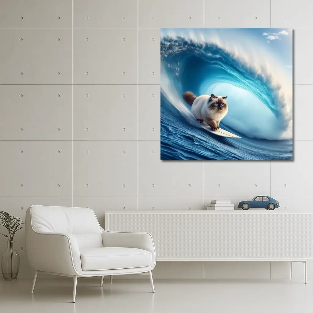 Birman Cat Surfing Giant Ocean Wave – Wall Art