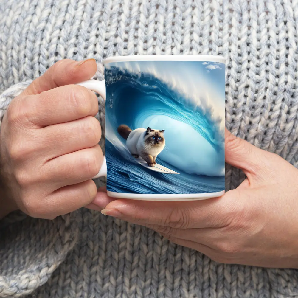 Birman Cat Surfing Giant Ocean Wave – Mugs