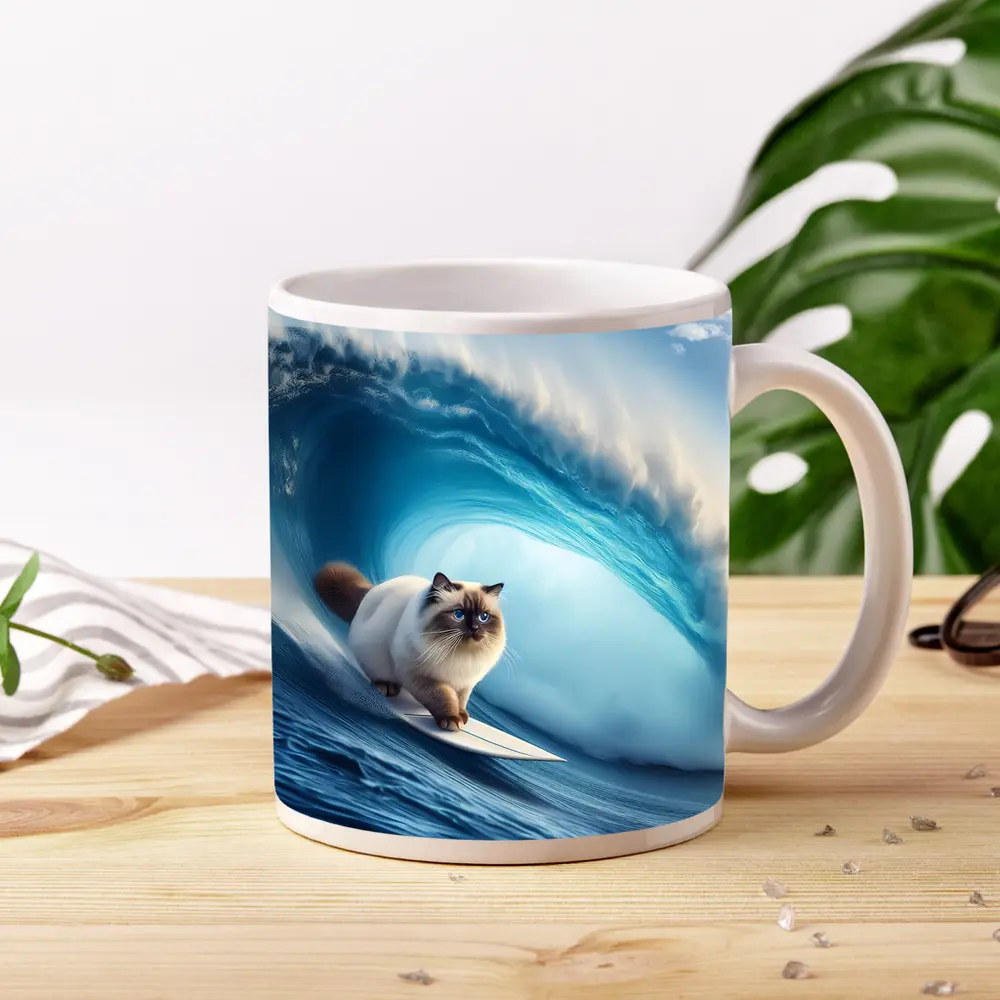 Birman Cat Surfing Giant Ocean Wave – Mugs