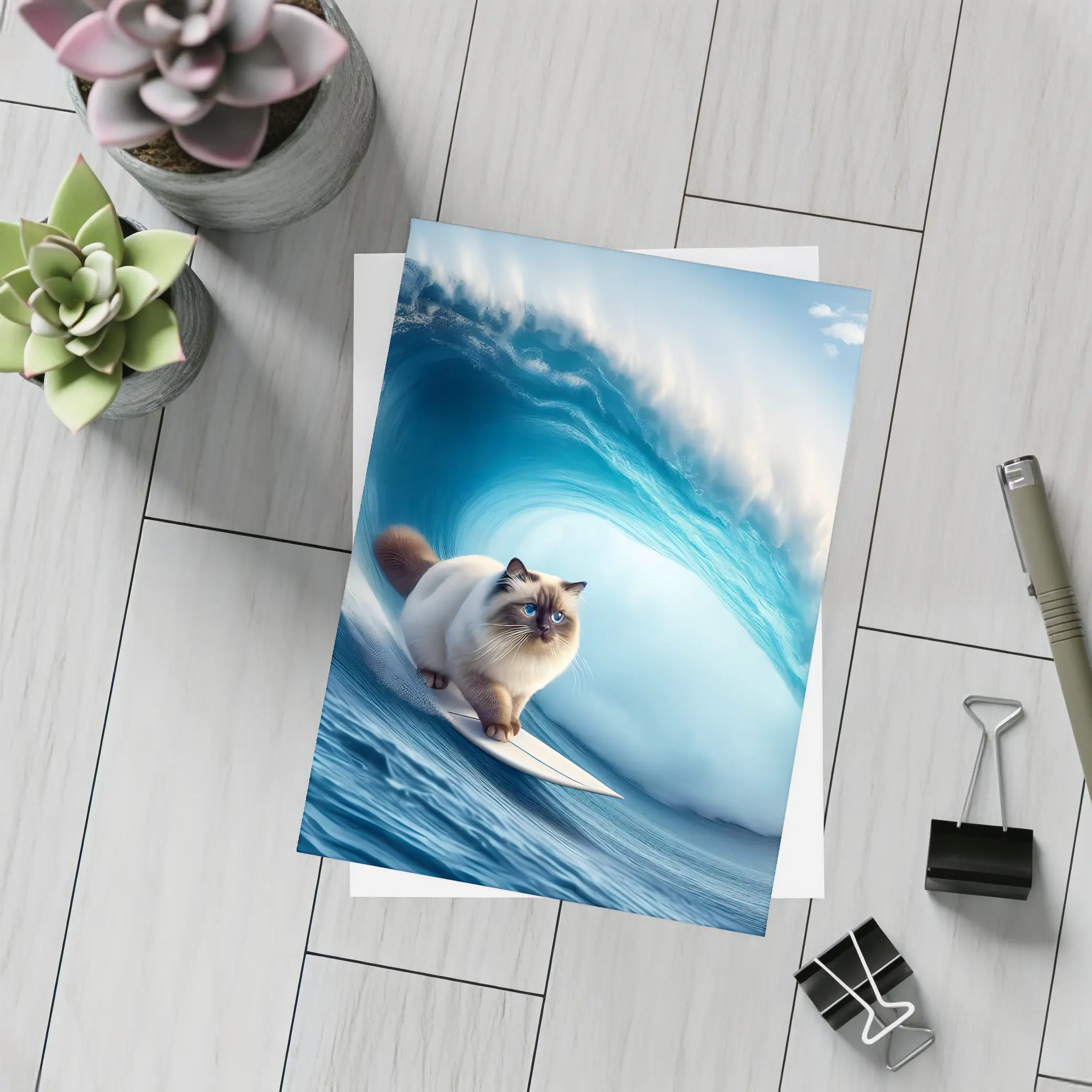 Birman Cat Surfing Giant Ocean Wave – Postcards