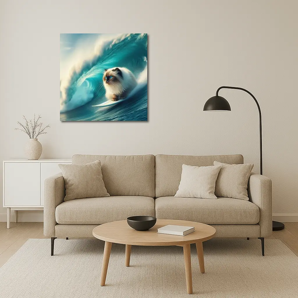 Ragdoll Cat Surfing Massive Ocean Wave – Wall Art
