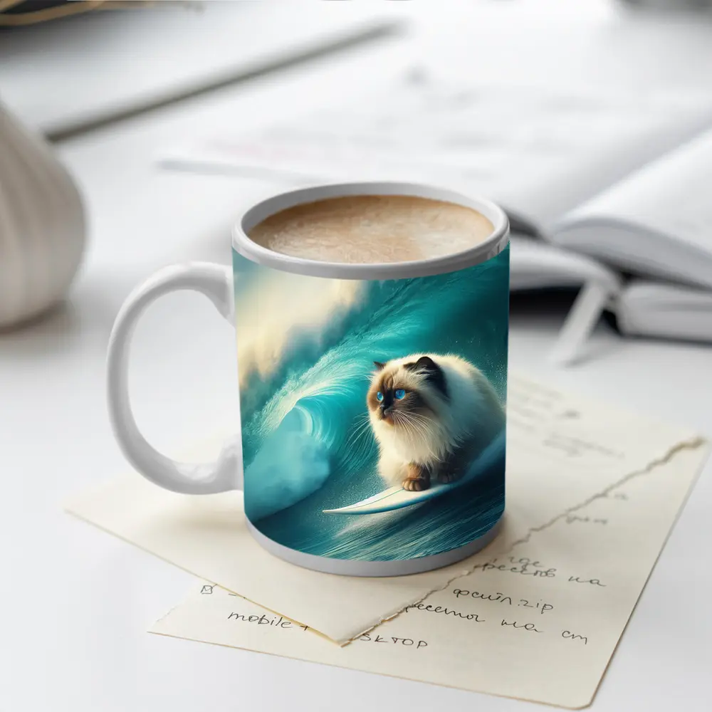 Ragdoll Cat Surfing Massive Ocean Wave – Mugs