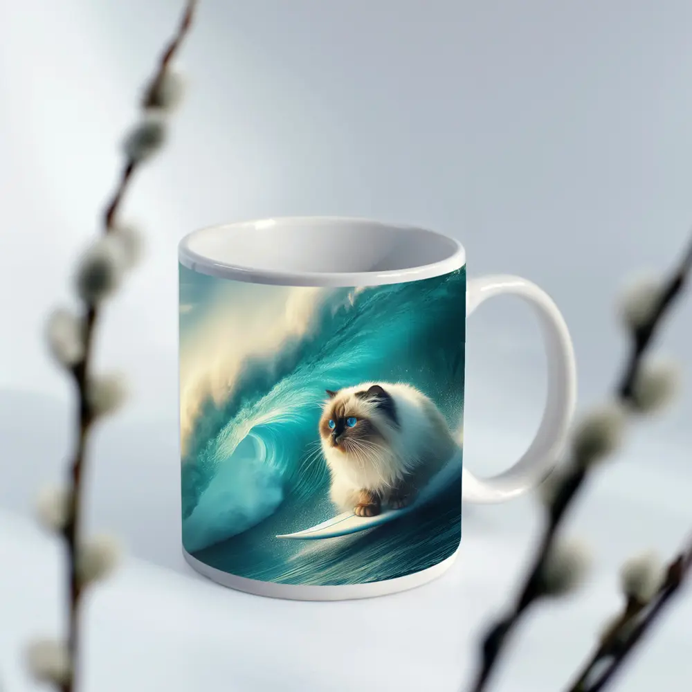Ragdoll Cat Surfing Massive Ocean Wave – Mugs