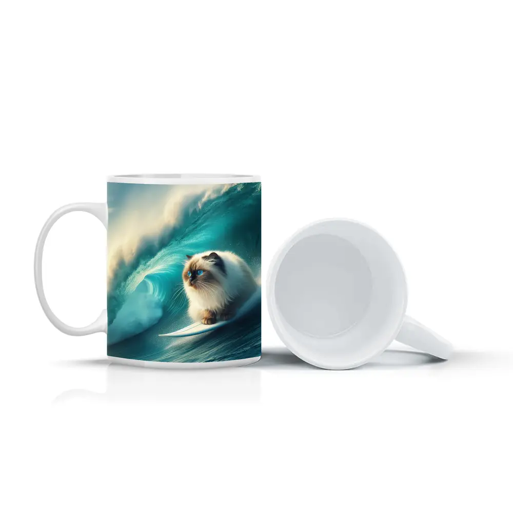 Ragdoll Cat Surfing Massive Ocean Wave – Mugs