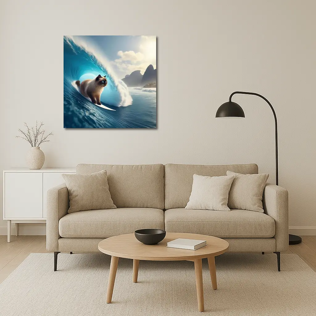 Siamese Cat Surfing Giant Ocean Wave – Wall Art