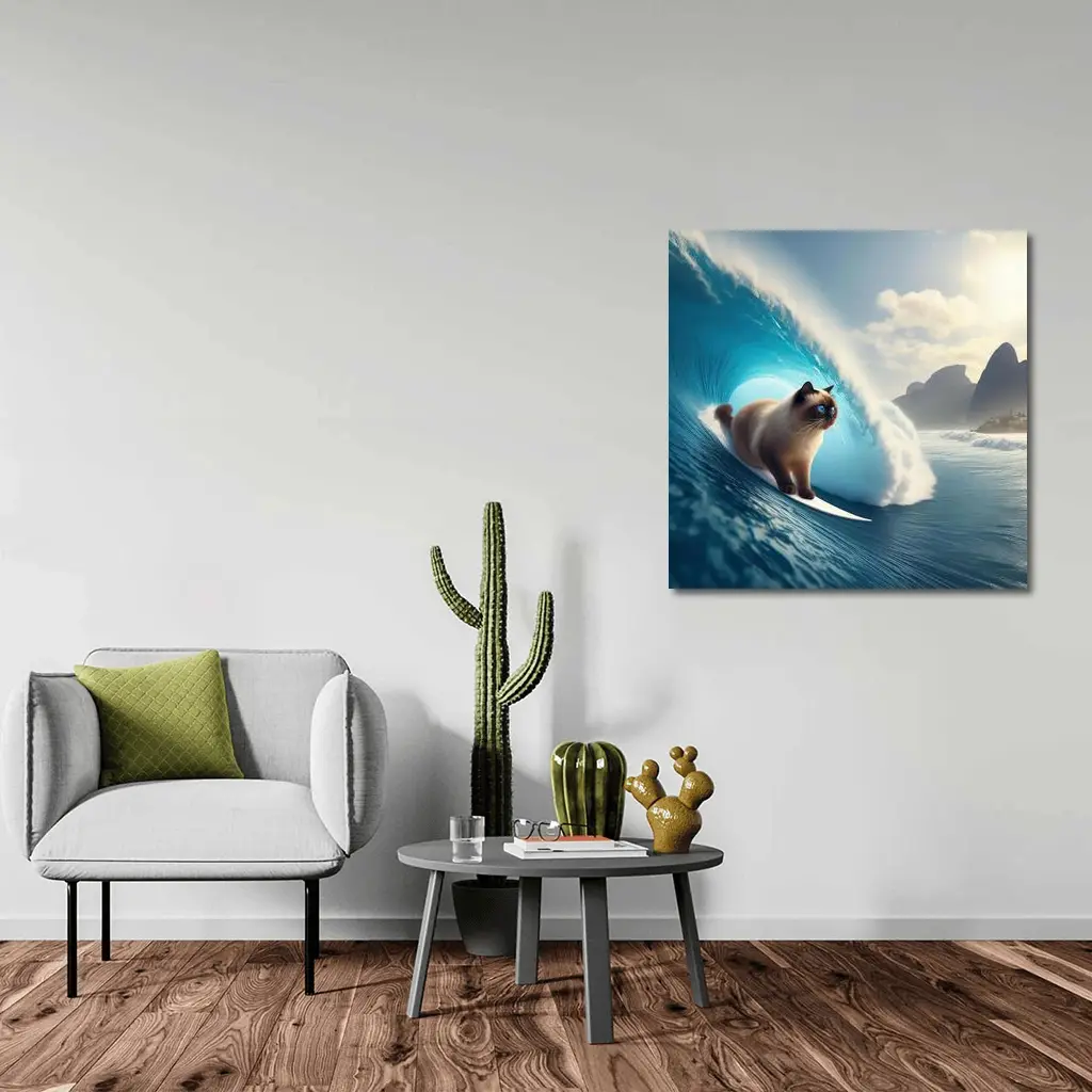 Siamese Cat Surfing Giant Ocean Wave – Wall Art