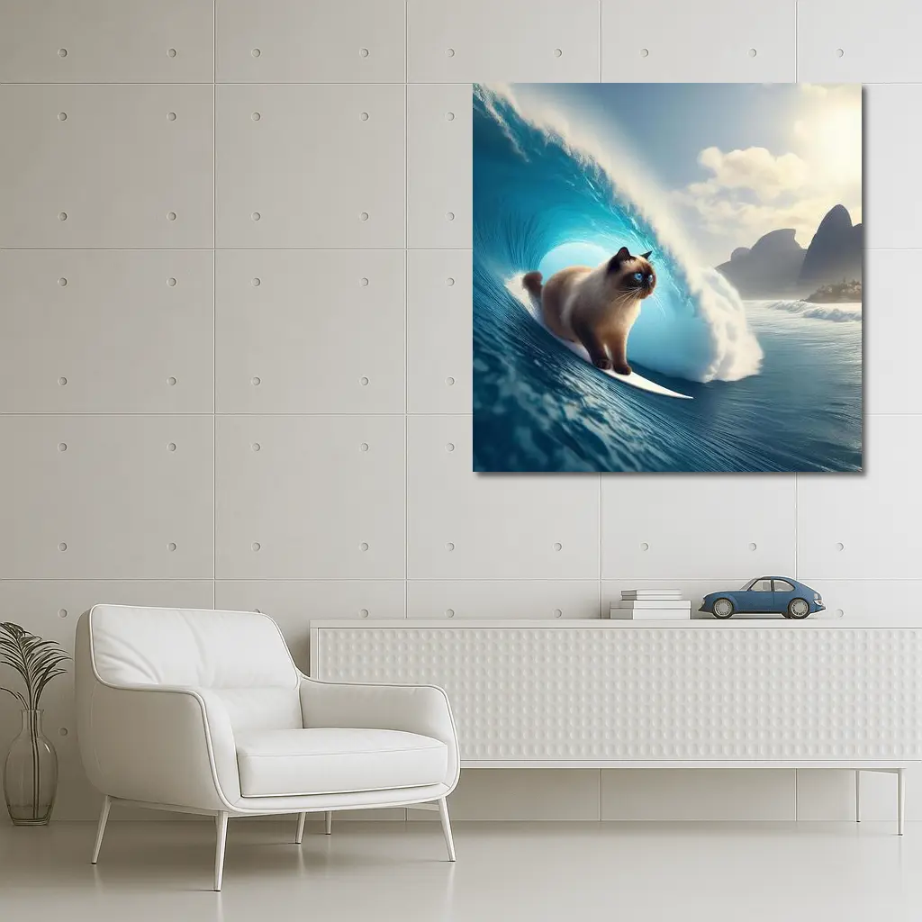 Siamese Cat Surfing Giant Ocean Wave – Wall Art