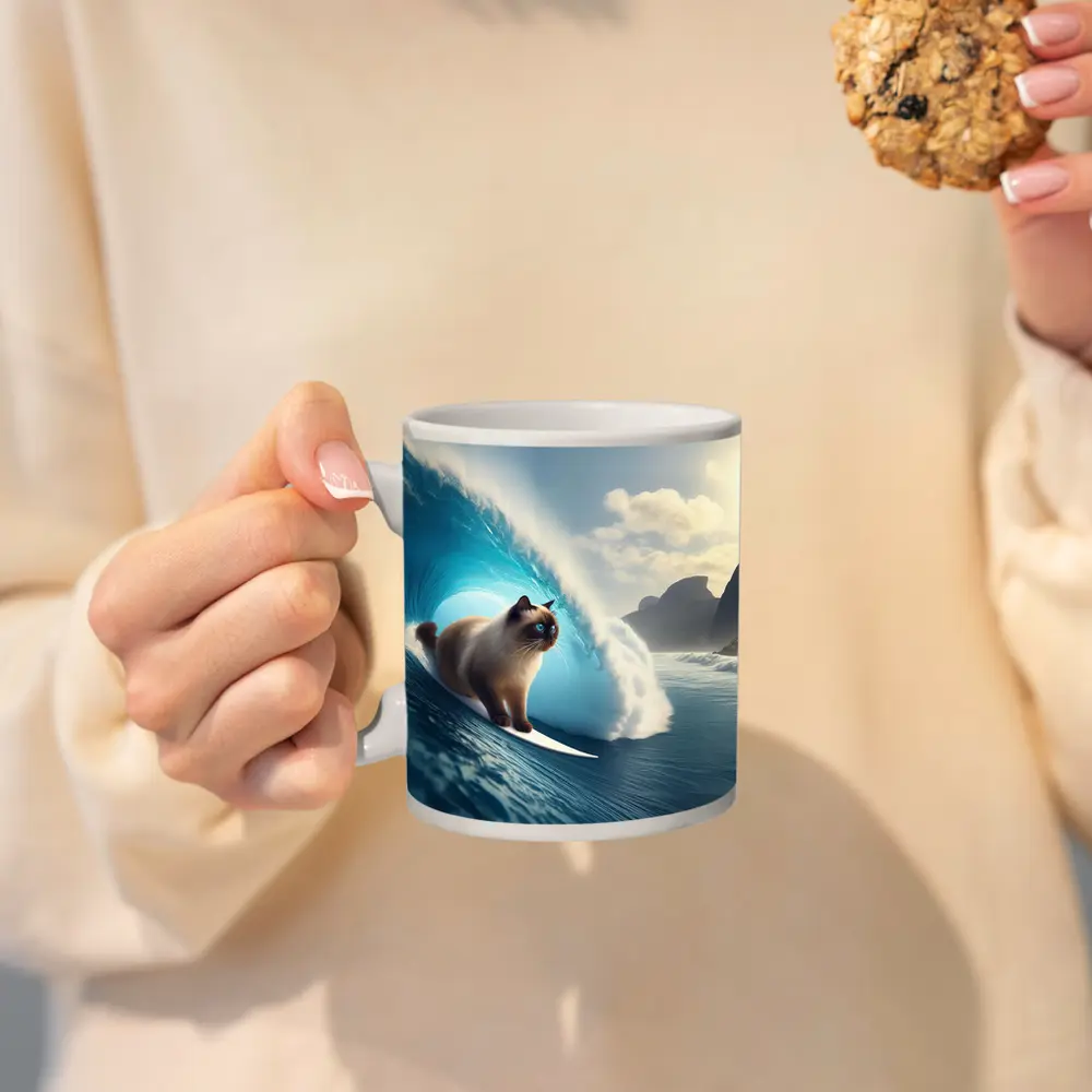 Siamese Cat Surfing Giant Ocean Wave – Mugs