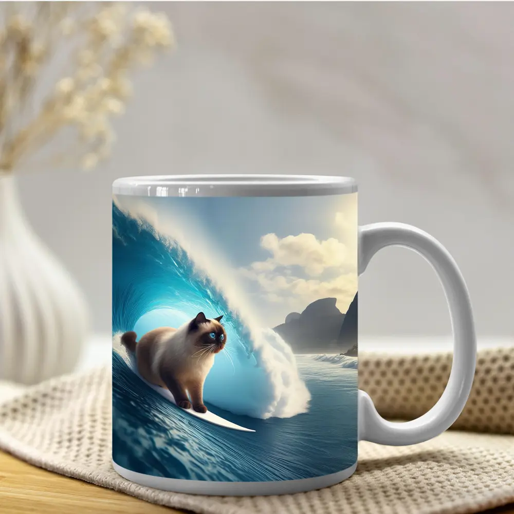 Siamese Cat Surfing Giant Ocean Wave – Mugs
