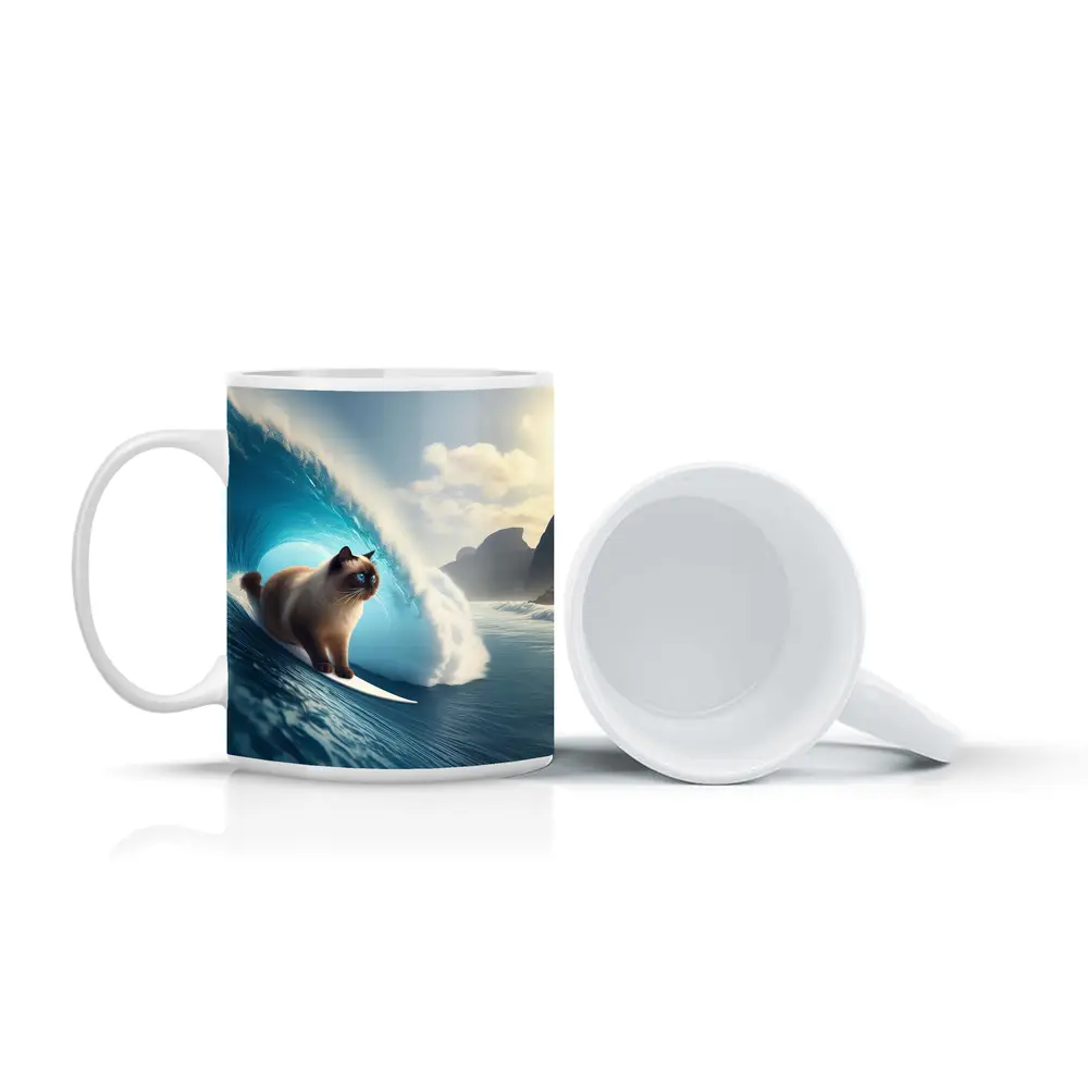 Siamese Cat Surfing Giant Ocean Wave – Mugs