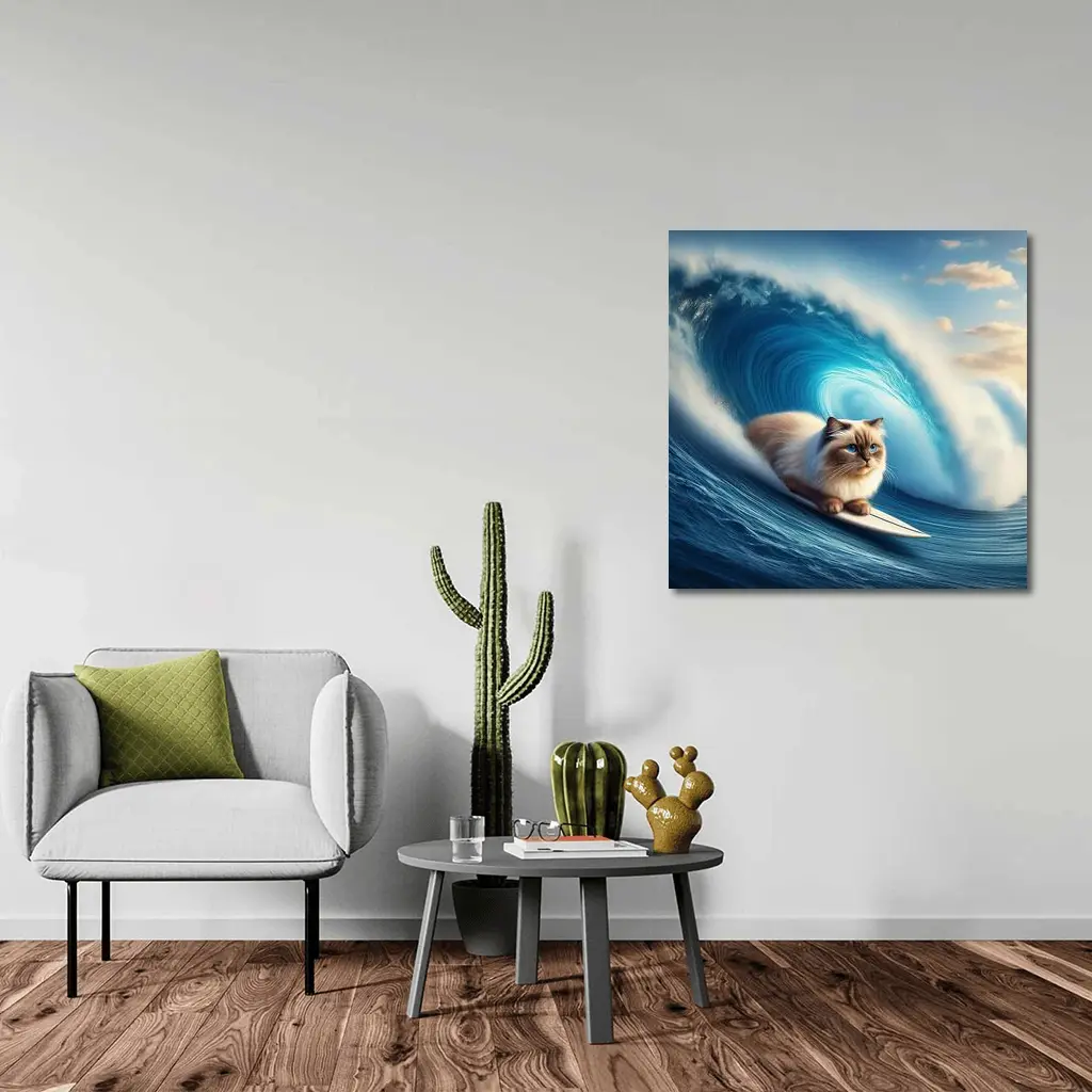 Ragdoll Cat Surfing Giant Ocean Wave – Wall Art