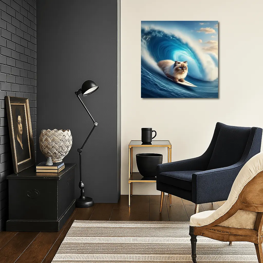 Ragdoll Cat Surfing Giant Ocean Wave – Wall Art