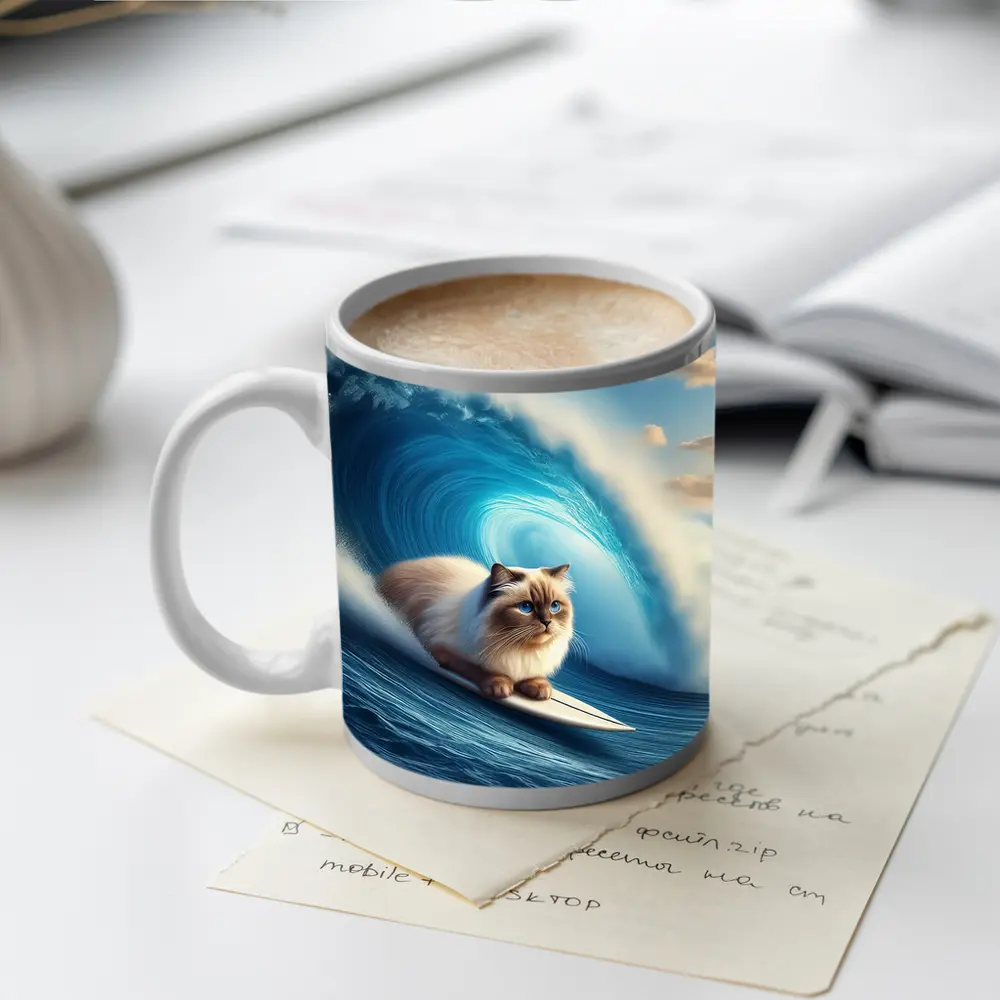 Ragdoll Cat Surfing Giant Ocean Wave – Mugs