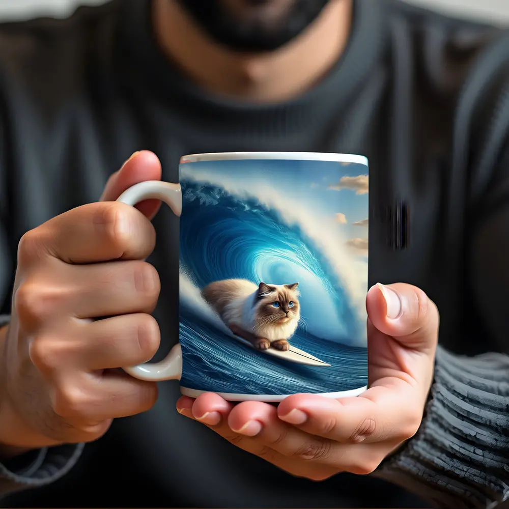 Ragdoll Cat Surfing Giant Ocean Wave – Mugs