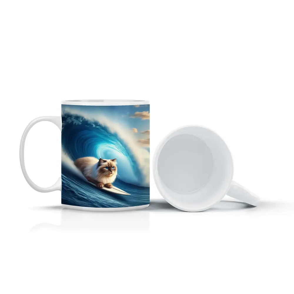 Ragdoll Cat Surfing Giant Ocean Wave – Mugs