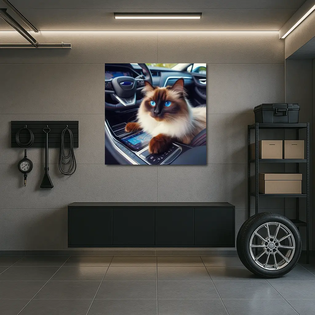 Birman Cat Sitting Inside Car Interior – Wall Art