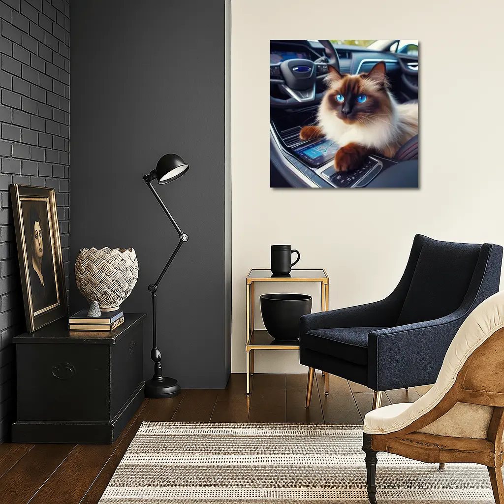 Birman Cat Sitting Inside Car Interior – Wall Art