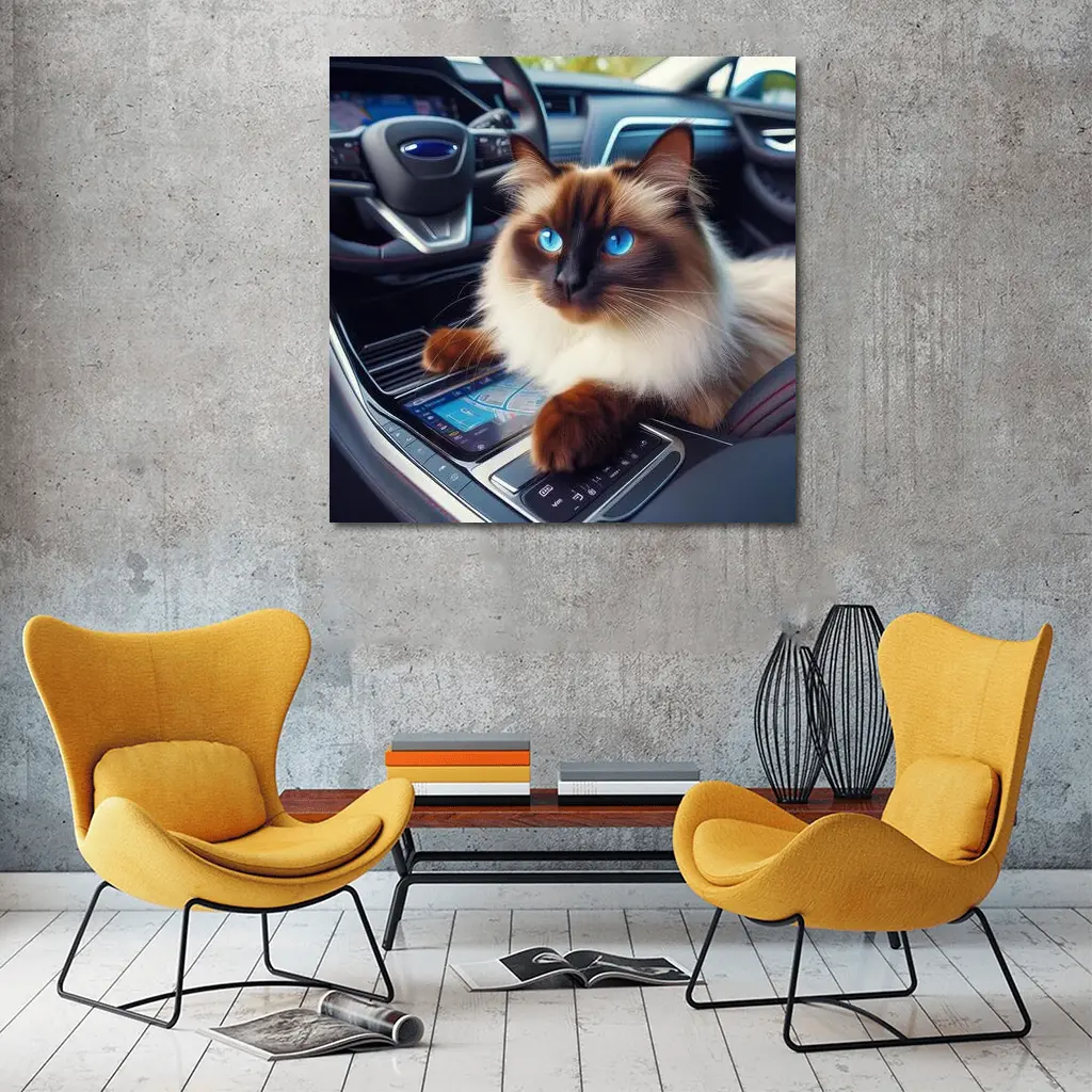 Birman Cat Sitting Inside Car Interior – Wall Art