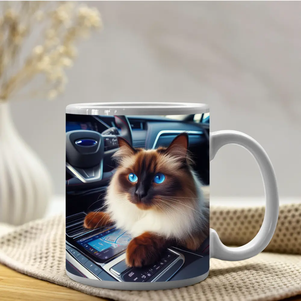 Birman Cat Sitting Inside Car Interior – Mugs