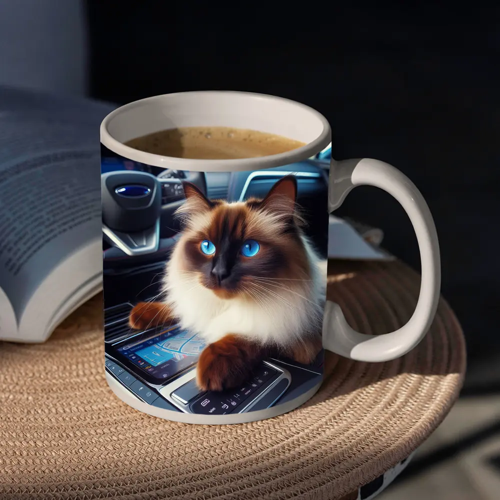 Birman Cat Sitting Inside Car Interior – Mugs