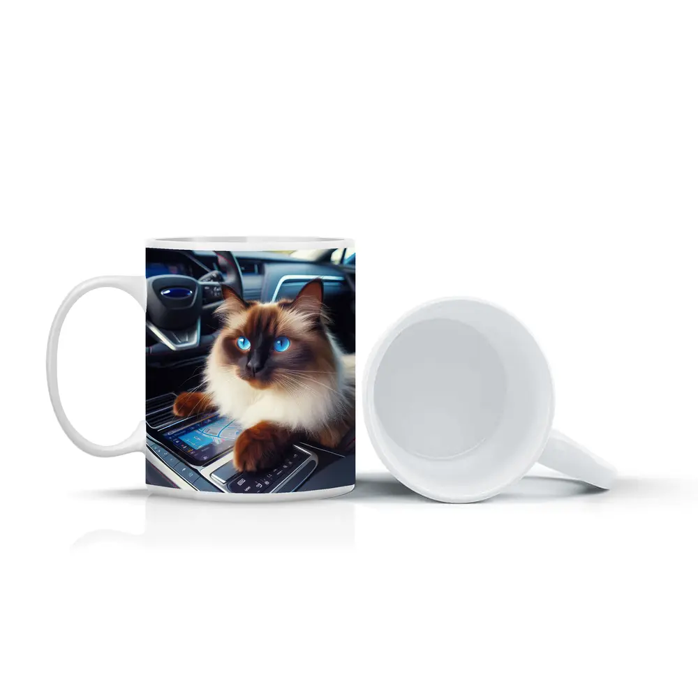 Birman Cat Sitting Inside Car Interior – Mugs