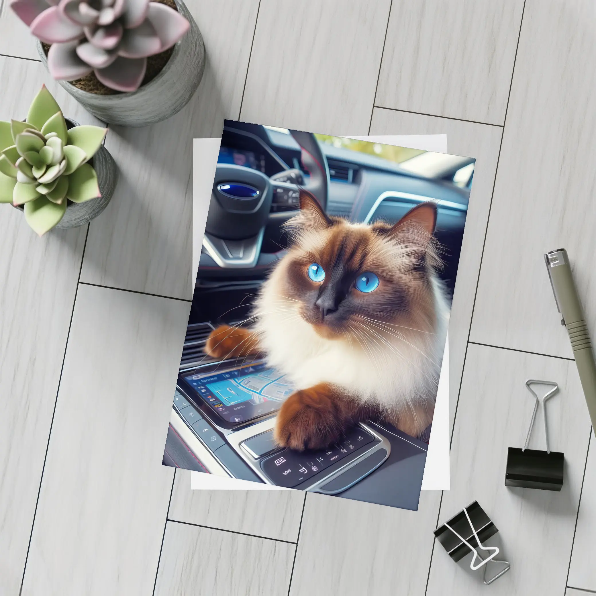 Birman Cat Sitting Inside Car Interior – Postcards