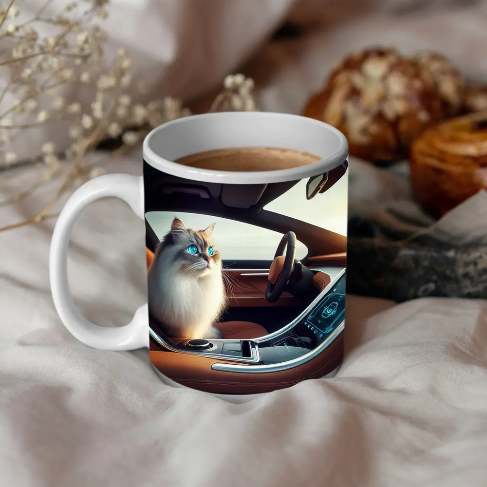 Ragdoll Cat Sitting Inside Luxury Car – Mugs