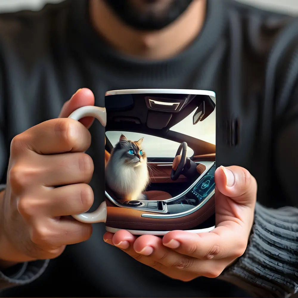 Ragdoll Cat Sitting Inside Luxury Car – Mugs