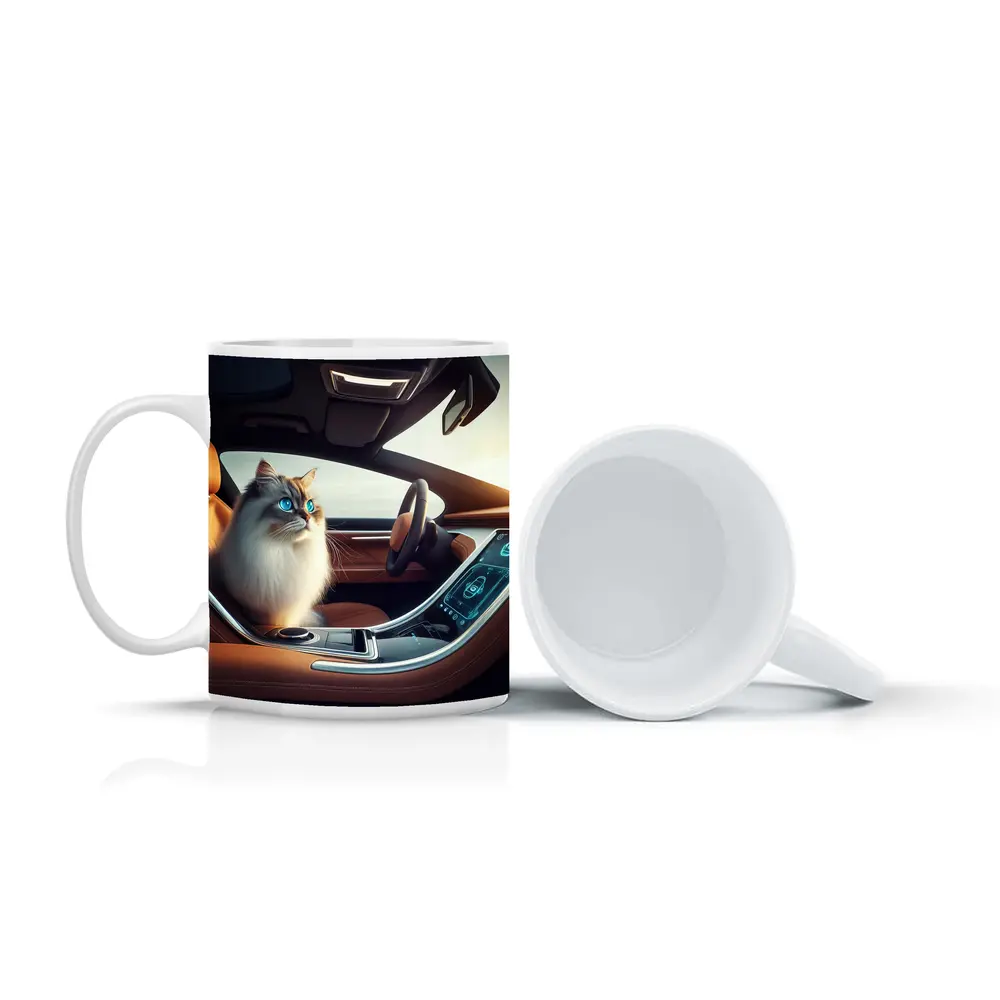 Ragdoll Cat Sitting Inside Luxury Car – Mugs