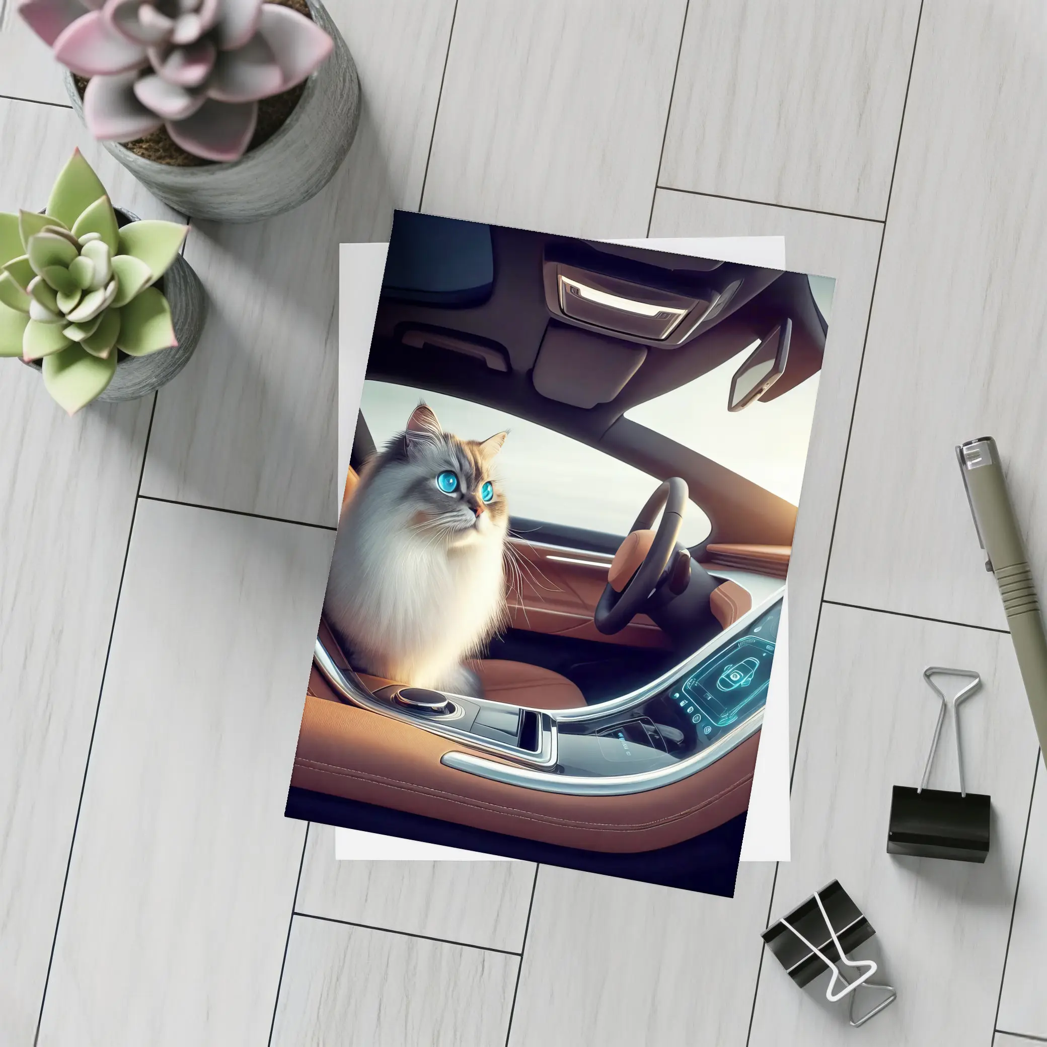 Ragdoll Cat Sitting Inside Luxury Car – Postcards