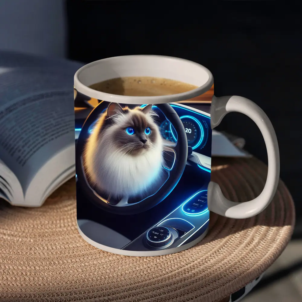 Ragdoll Cat Sitting Inside Futuristic Car – Mugs