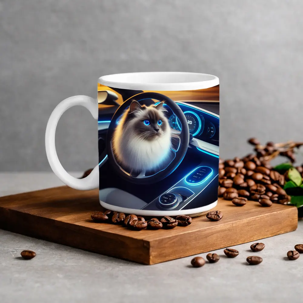 Ragdoll Cat Sitting Inside Futuristic Car – Mugs