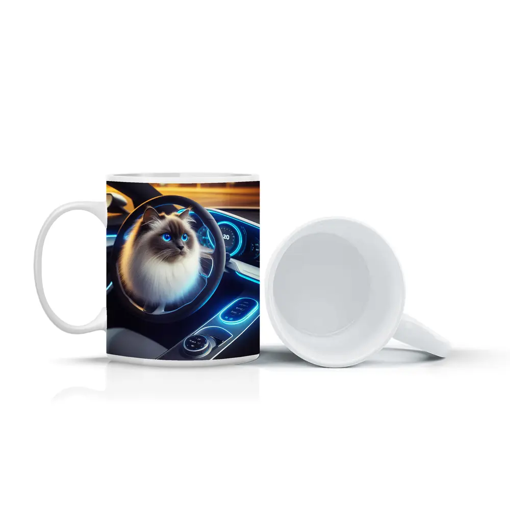 Ragdoll Cat Sitting Inside Futuristic Car – Mugs
