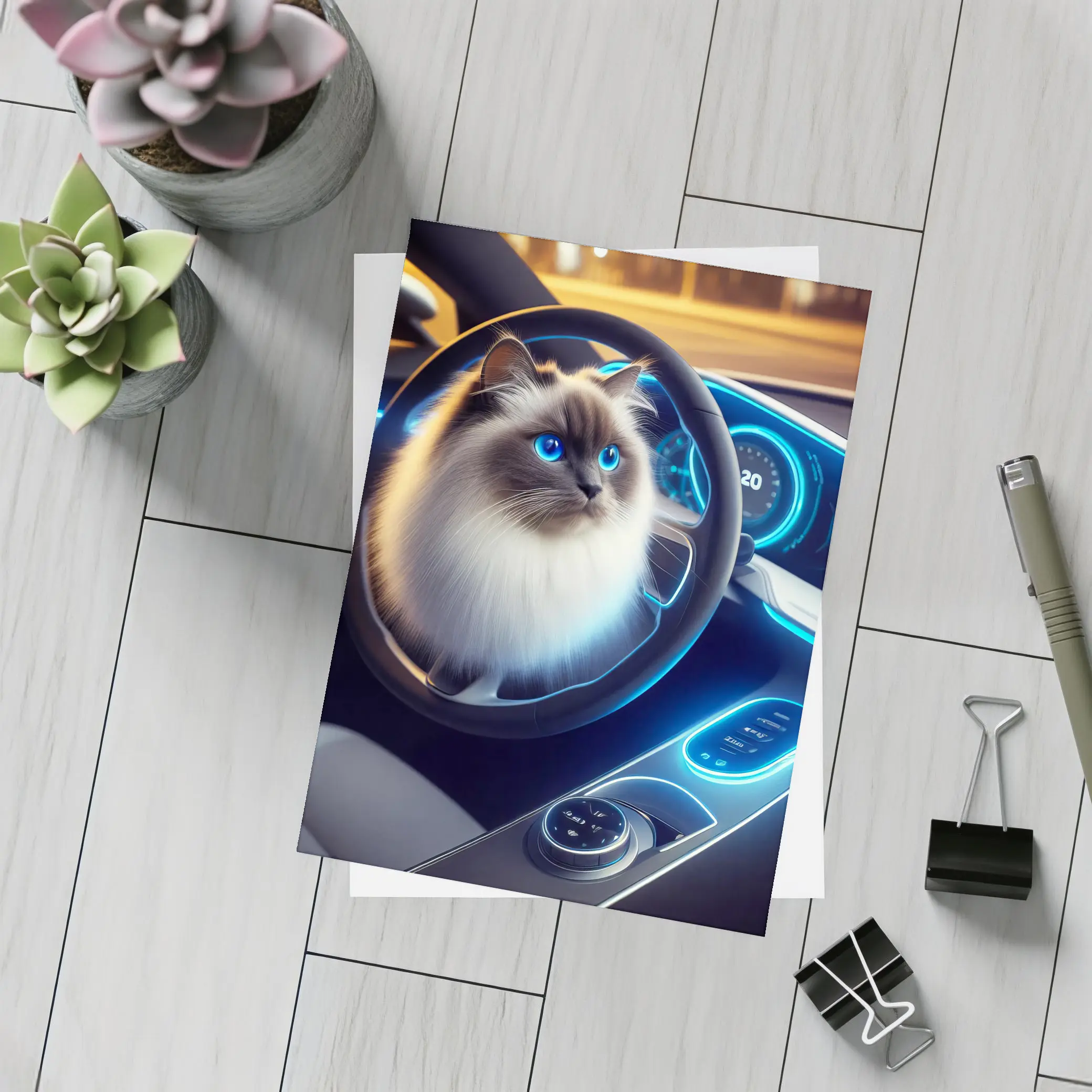 Ragdoll Cat Sitting Inside Futuristic Car – Postcards