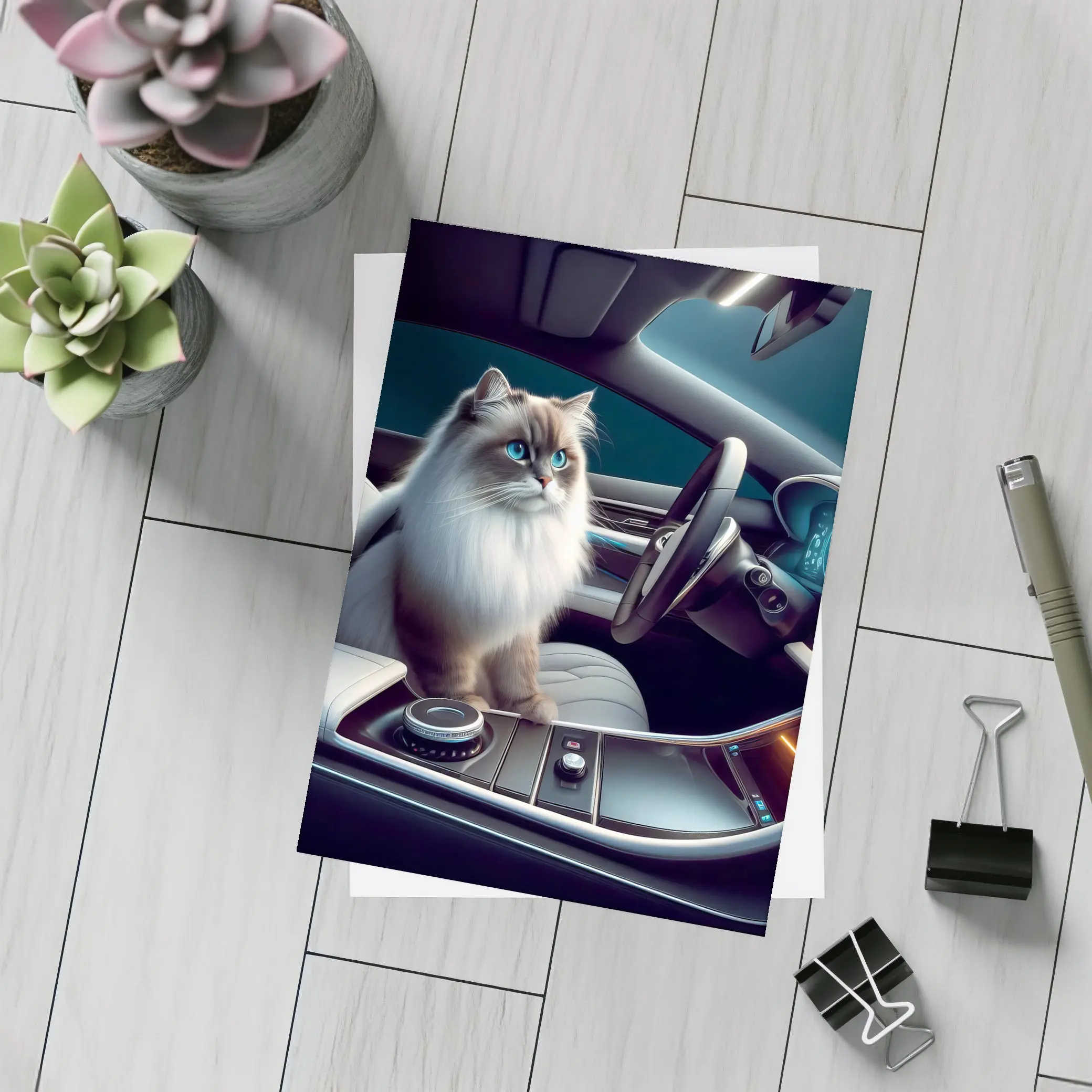 Ragdoll Cat Inside Luxury Car Interior – Postcards