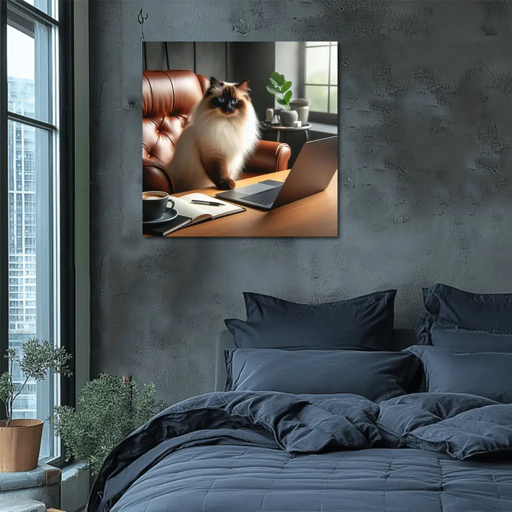 Birman Cat Sitting At Office Desk – Wall Art