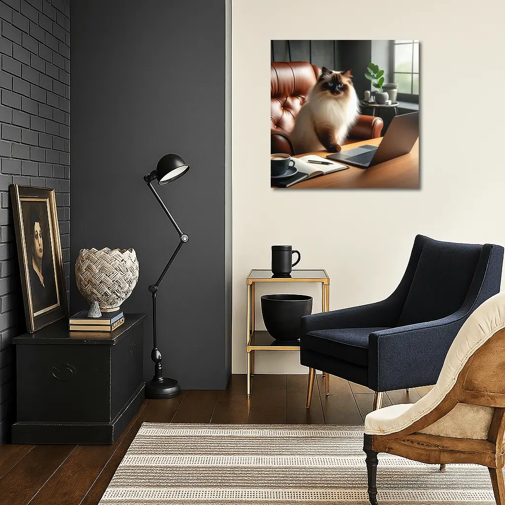 Birman Cat Sitting At Office Desk – Wall Art