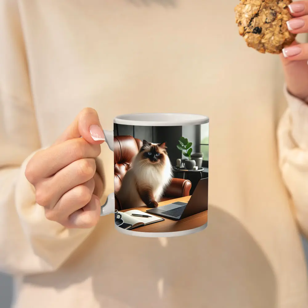 Birman Cat Sitting At Office Desk – Mugs