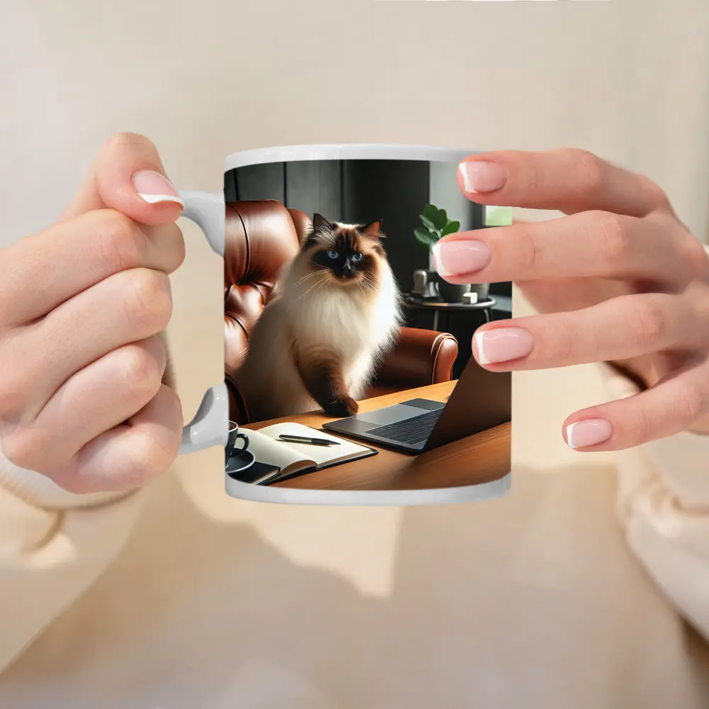 Birman Cat Sitting At Office Desk – Mugs
