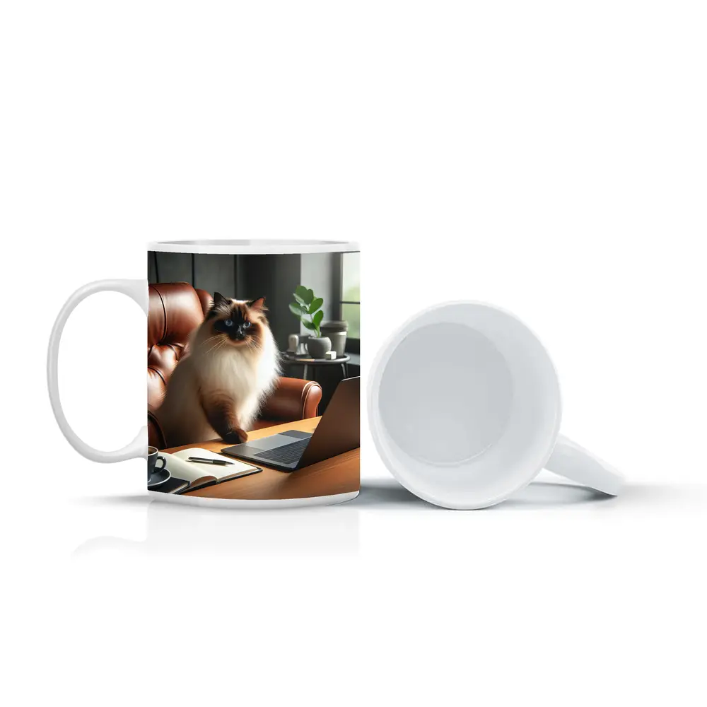 Birman Cat Sitting At Office Desk – Mugs