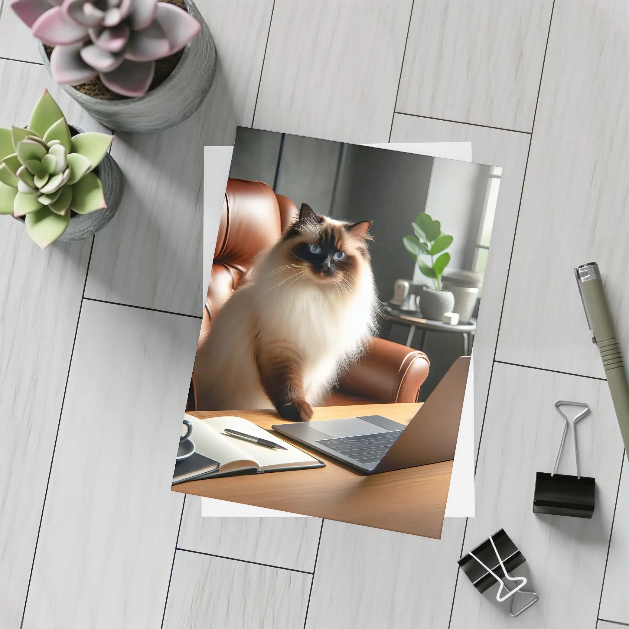 Birman Cat Sitting At Office Desk – Postcards