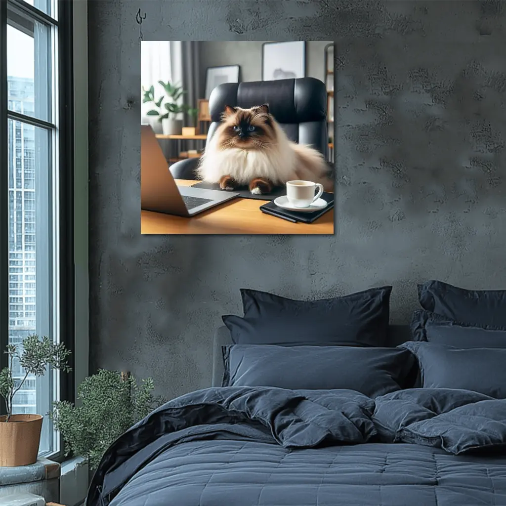 Himalayan Cat Sitting at Office Desk – Wall Art