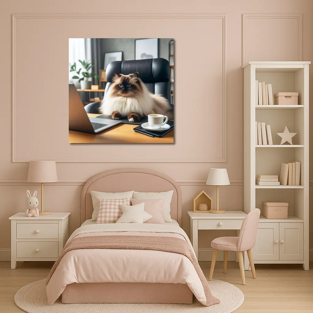 Himalayan Cat Sitting at Office Desk – Wall Art