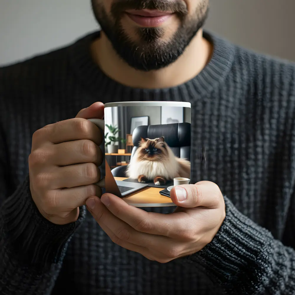 Himalayan Cat Sitting at Office Desk – Mugs