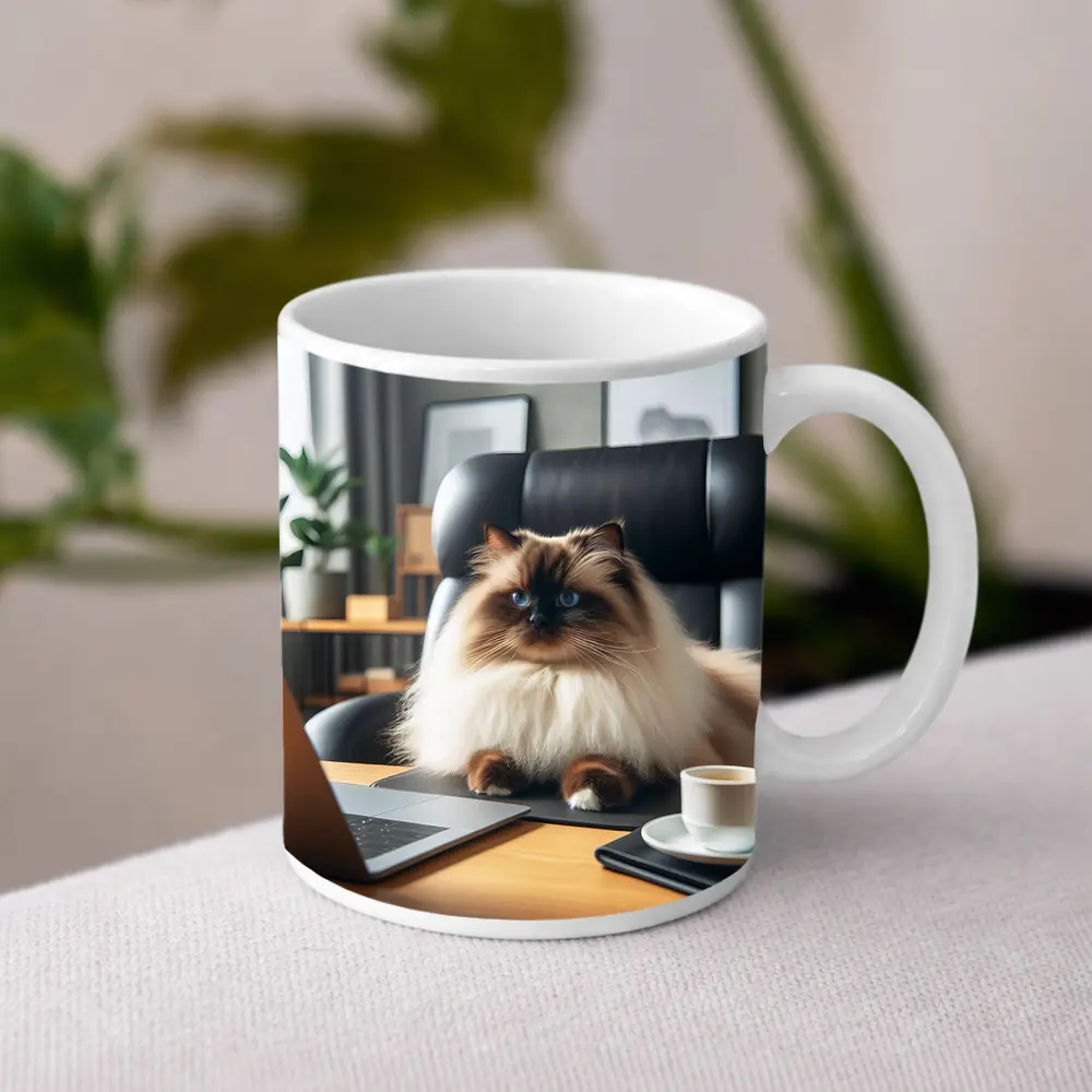 Himalayan Cat Sitting at Office Desk – Mugs
